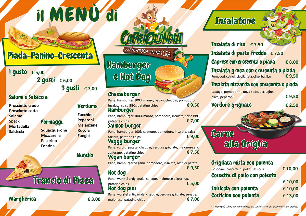 Capriolandia - Menu ristorazione